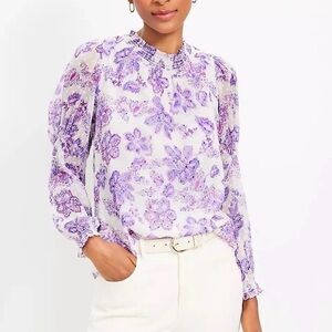 Loft Lavender Floral Puff Sleeve Smocked Collar Blouse Soze Large